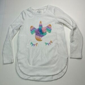 ColorTree White Unicorn Sequin Top Girls Size 10/12 Long Sleeve 3D Flower Knit